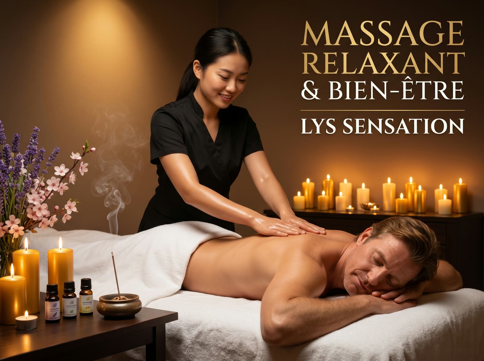 Massage bien-être avec une praticienne asiatique et un client sur une table de massage – illustration Lys Sensation
