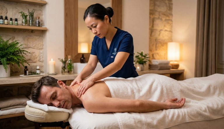 Illustration d’une séance de massage bien-être avec une praticienne et un client